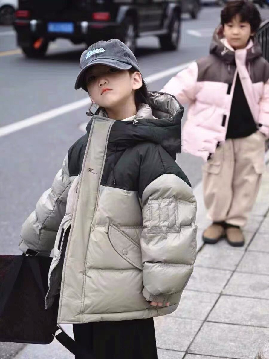 现货,borabora韩童装新款男童女童拼色羽绒服oversize炸街外套