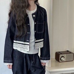 明线蕾丝边套装 直筒裤 25秋女童小香风圆领牛仔外套 波拉韩国童装