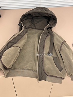 波拉韩国童装2025秋冬男童拼接连帽开衫女童厚重感时尚摇粒绒外套