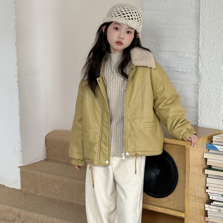波拉韩国童装2025冬男女童休闲皮毛一体时尚抽绳毛领裁线皮衣外套,童装/婴儿装/亲子装,夹克/皮衣,淘宝优惠券,粉丝福利购,淘宝优惠卷