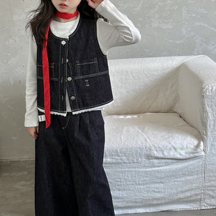 蕾丝边明线牛仔套装 阔腿裤 2025秋高级女童马甲外套 波拉韩国童装