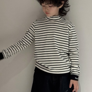 波拉韩国童装2025秋冬女童百搭半高领发热衫男童经典横条纹打底衫