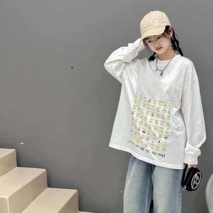 波拉韓國童裝 女童潮牌趣味滿印小表情T恤 2025秋男童休閑寬松長袖