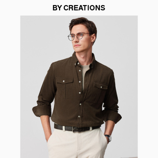 商务男士 衬衫 柏品纯棉长袖 纽扣领宽松休闲复古衬衣外套 灯芯绒