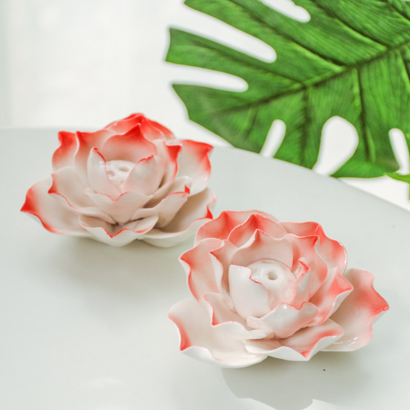 陶瓷家居饰品 红莲花香插 香炉 桌面工艺品摆件 复古陶瓷装饰品