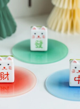 陶瓷麻将猫可爱摆件送礼套装