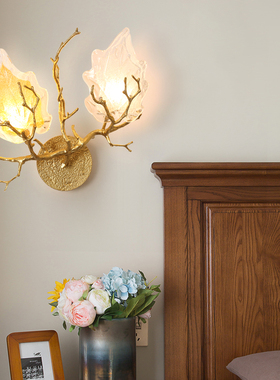 全铜树枝纯铜水晶壁灯客厅卧室床头走廊过道阳台玄关个性枫叶灯具