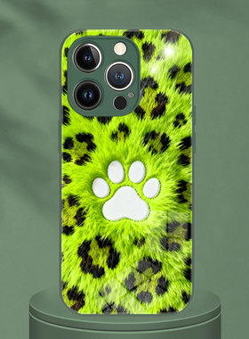 适用iphone17Promax手机壳苹果16E套OPPOReno15C绿色毛绒豹纹爪子毛茸玻璃一加Turbo6华为nova15ultra荣耀WIN