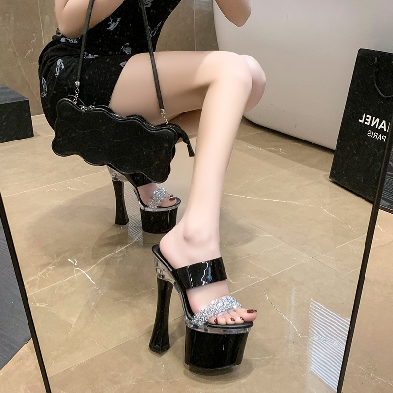 防水台时尚水钻外穿增高夜店拖鞋