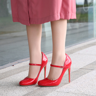 12公分超高跟鞋细跟春夏新款礼服婚礼宴会女鞋一字扣带包头单鞋潮