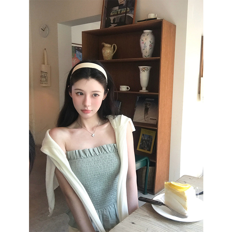 VASSE美蟹 甜美度假风全棉收腰抹胸女夏高级简约打揽木耳边上衣图片