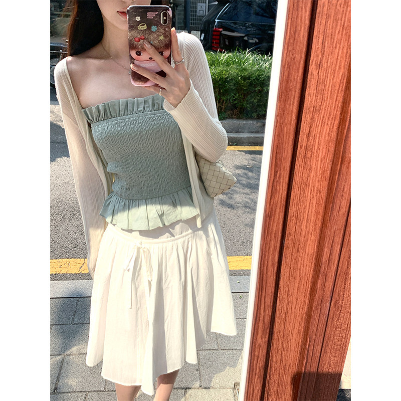 VASSE美蟹 优雅肌理百褶全棉中腰半身裙女夏宽松绑带透气拉链伞裙图片