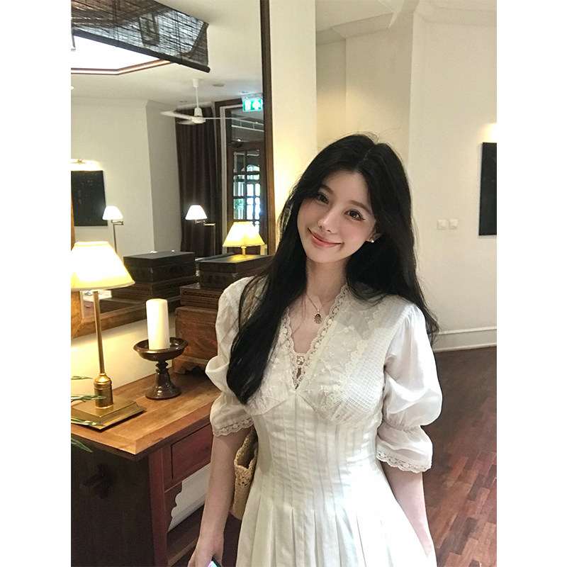 【4.18新品】VASSE美蟹 重工刺绣蕾丝莱赛尔天丝短袖连衣长裙