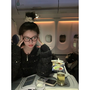 VASSE 宽松羊毛blingbling连帽宽松针织毛衣女秋显瘦百搭上衣 韩版