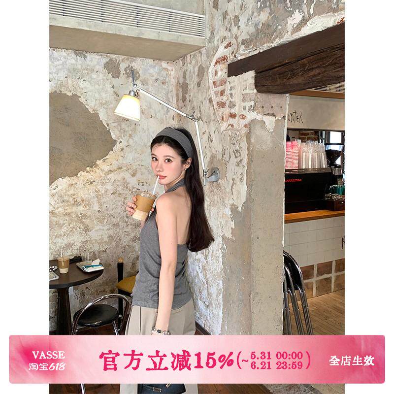 VASSE美蟹 时髦气质V领棉露背挂脖修身背心女夏遮肉弹力松弛上衣