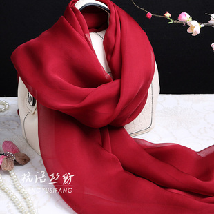 酒红色百搭杭州桑蚕丝围巾纯色女长款真丝丝巾纱巾春秋冬夏季披肩