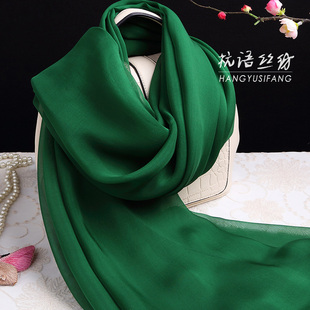 百搭墨绿色杭州桑蚕丝围巾纯色女长款真丝丝巾纱巾春秋冬夏季披肩