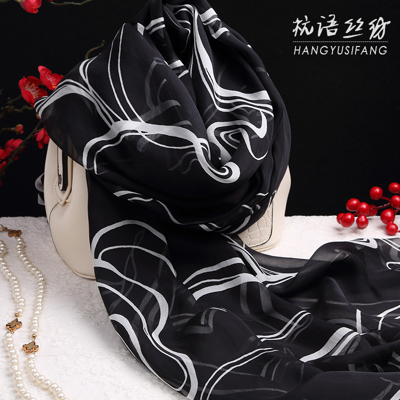水波印花桑蚕丝围巾女百搭长款杭州真丝丝巾披肩纱巾春秋冬天保暖