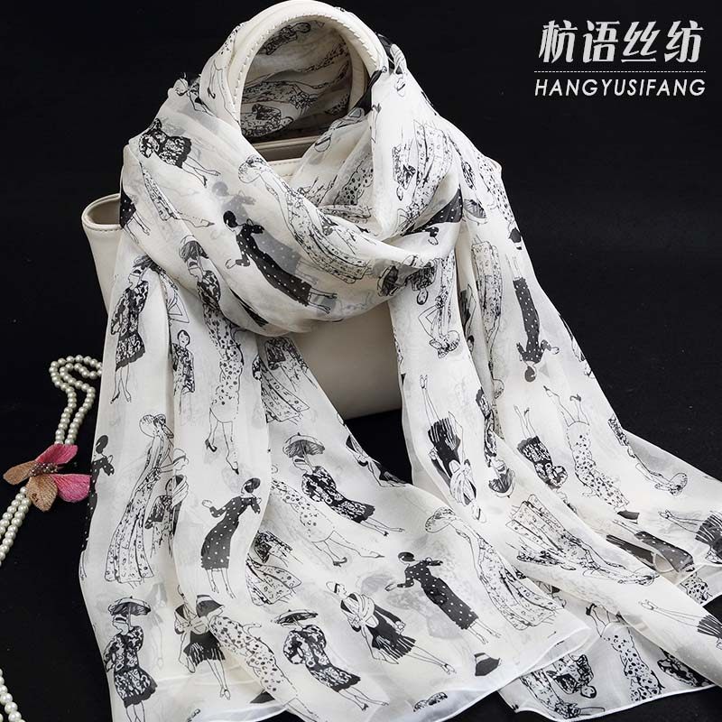 黑白插画印花杭州桑蚕丝围巾女百搭长款真丝丝巾披肩春秋冬季夏季
