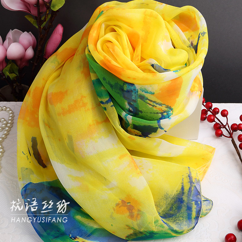 灯塔印花杭州桑蚕丝围巾女百搭长款真丝丝巾披肩纱巾春秋冬季夏季