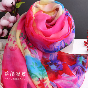 玫红花卉沙滩杭州桑蚕丝围巾女百搭长款真丝丝巾披肩春秋冬季夏季