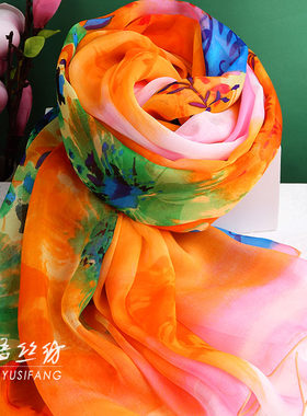 颜色鲜艳桑蚕丝橘色百搭长款丝巾
