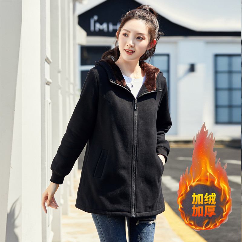 秋冬加绒连帽卫衣加厚保暖外套女中长款胖mm加大码宽松开衫200斤