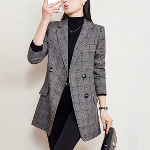 复古西装外套女高级感大码胖mm春秋200斤宽松中长款格子洋气西服