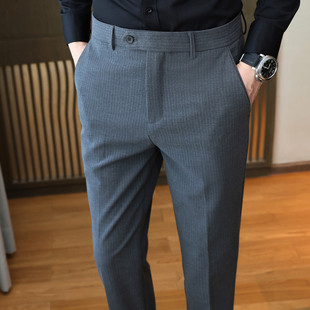 男休闲裤西裤季条纹九分垂感秋士修身小脚商务直筒西装裤子0202k