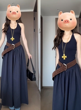 法式蓝色吊带挂脖连衣裙子女装2025夏季新款开春流行穿搭a字长裙