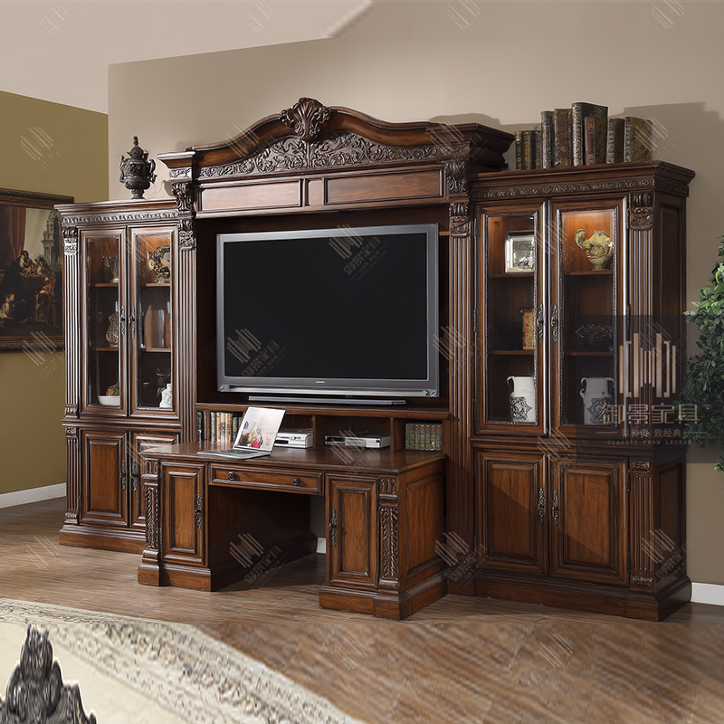 美式客厅电视机柜子欧式雕花组合书柜展示柜书房客厅一体展示柜
