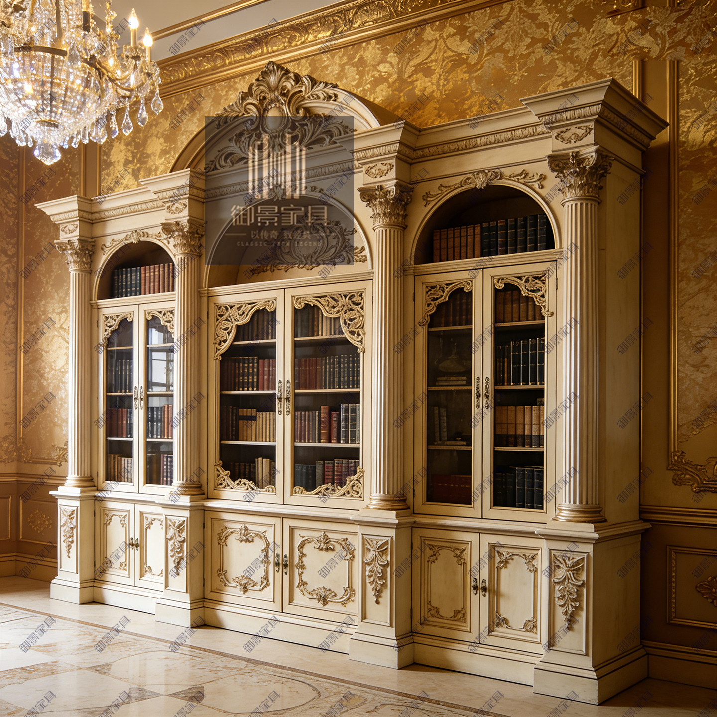 欧式宫廷实木书柜组合法式巴洛克雕花装饰柜古典陶瓷奢侈品展示柜