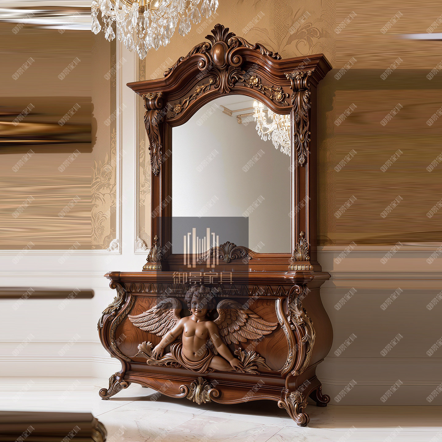 美式雕花单盆浴室柜卫浴柜组合欧式宫廷古典洗漱洗手柜浴室镜定制