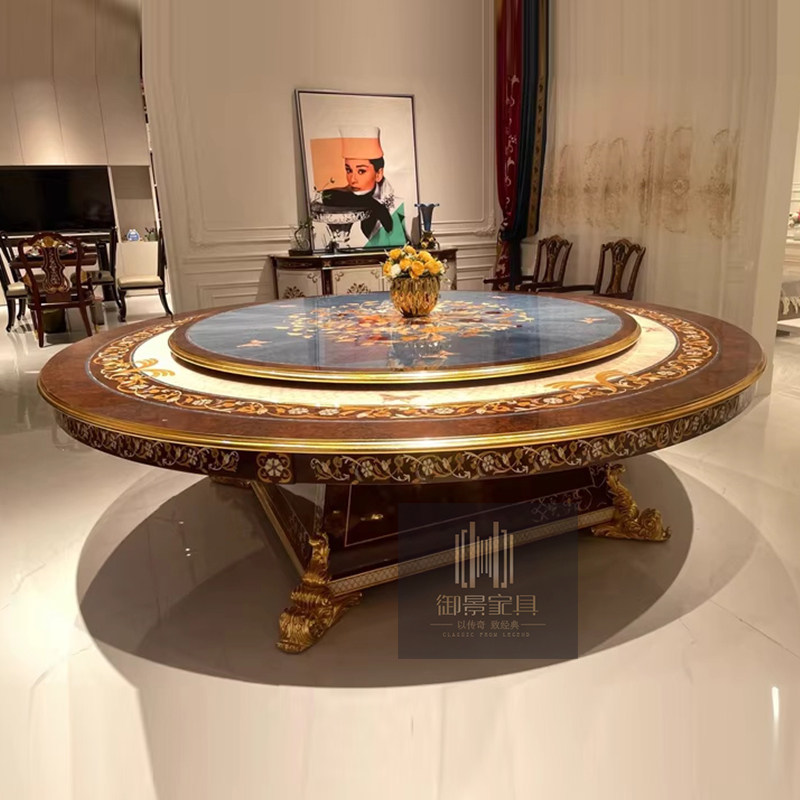 法式拼花饭桌实木餐桌椅组合欧式别墅餐厅餐台烤漆圆餐桌带转盘