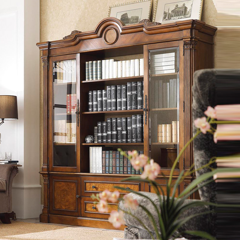 简约美式书橱家用欧式雕花高端书柜样板房别墅书房陈列柜展示柜