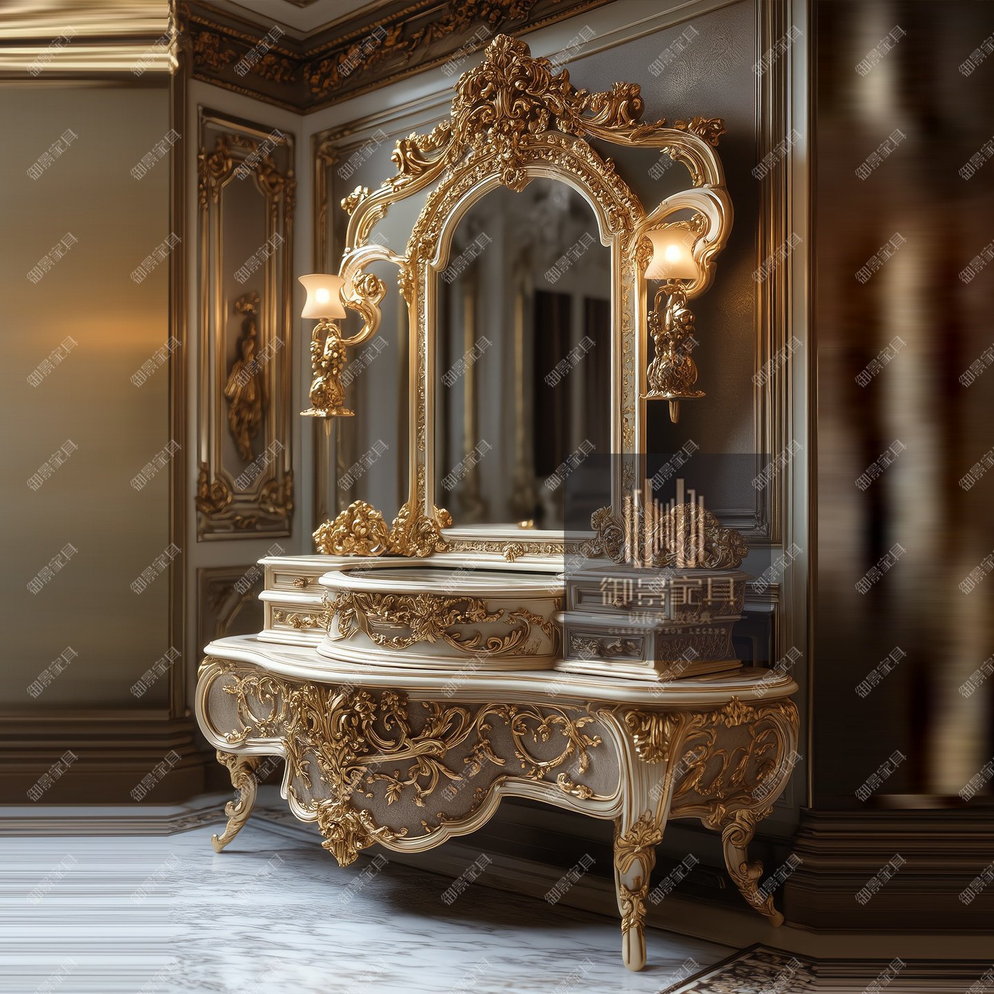 意大利高端实木梳妆台组合欧式金箔烤漆化妆台梳妆柜卧室首饰柜子