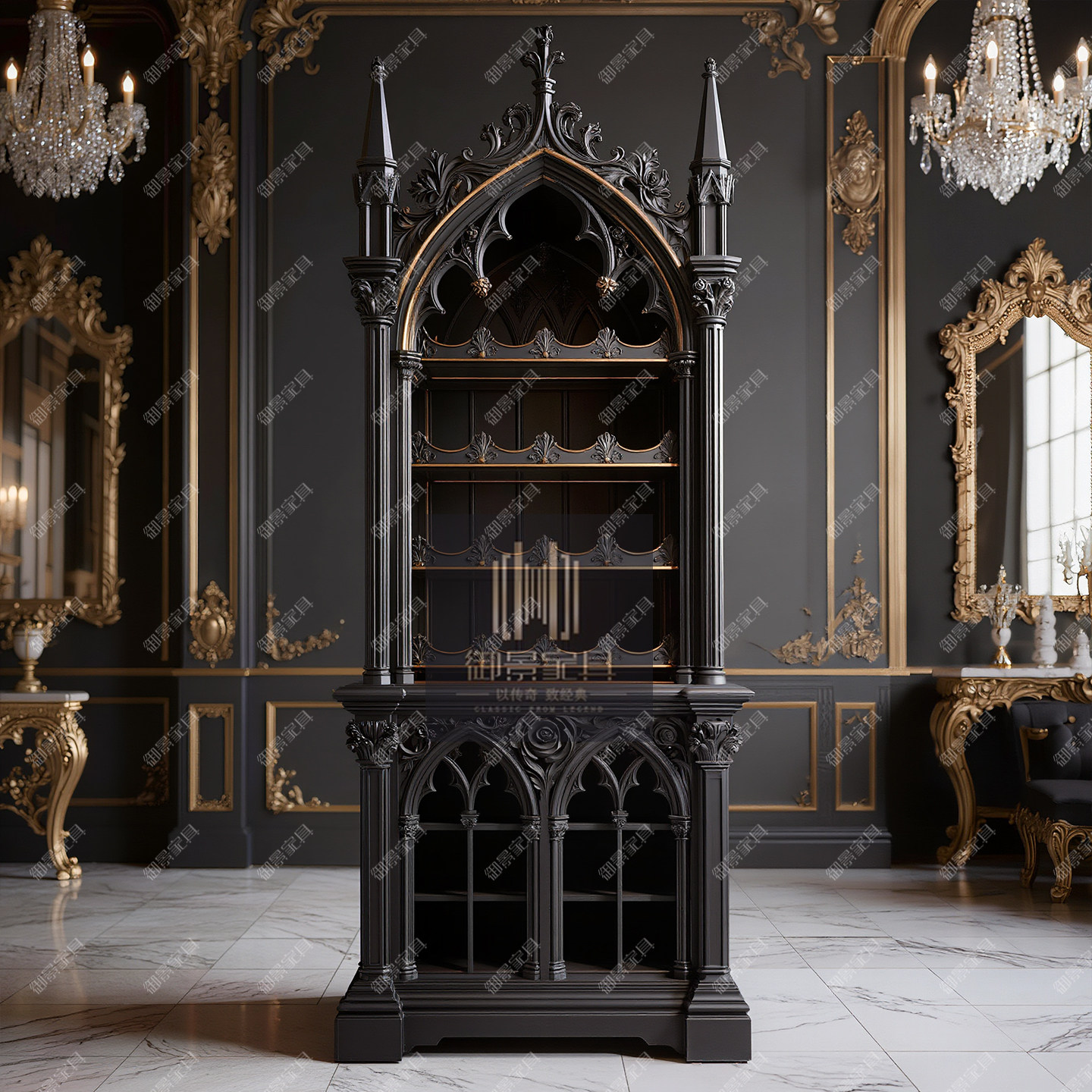 欧式实木酒柜客厅落地展示柜玻璃门储物柜家用装饰柜哥特风黑色柜