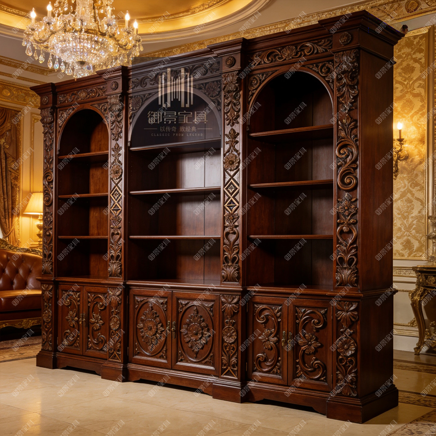 法式复古做旧装饰柜欧式雕花书架展示柜烤漆背景墙饰品柜别墅家具