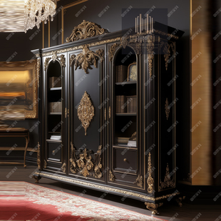 饰柜子 巴洛克金箔储物柜装 纯黑色烤漆书柜组合欧式 雕花展示柜法式