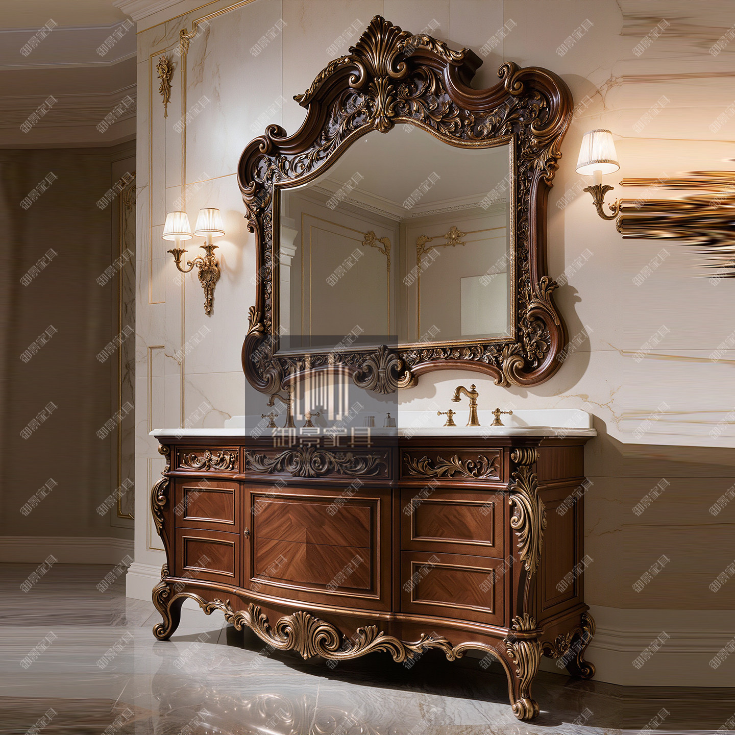 欧式古典雕花浴室柜卫浴柜浴室镜组合美式金箔做旧封闭漆洗手柜子