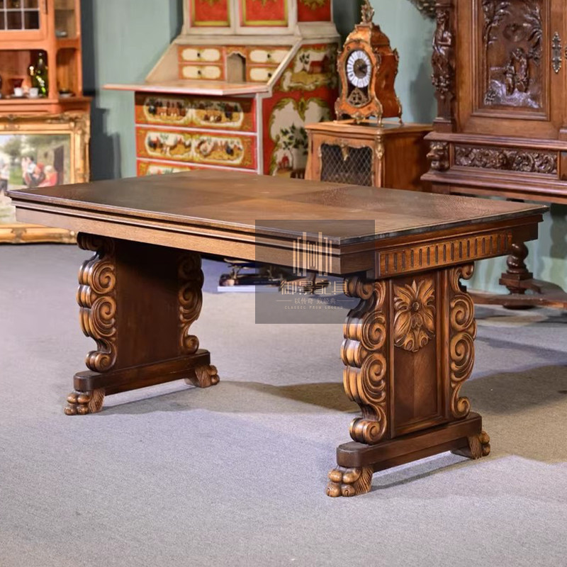 美式复古实木餐桌欧式别墅家用长方形饭桌家具乡村做旧风格餐台