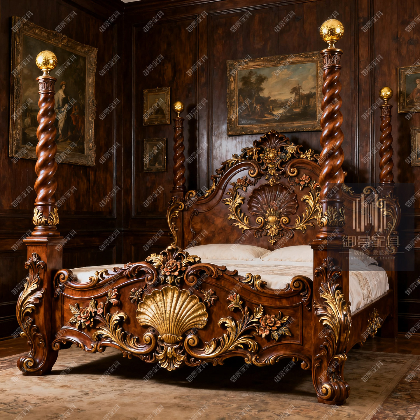 巴洛克实木双人床欧式雕花柱子床别墅豪宅主卧大床婚床1.8彩绘床