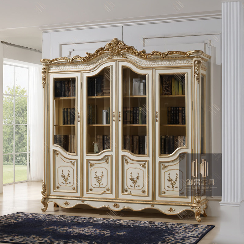 欧式实木书柜美式客厅家用门厅复古奢华四门玻璃装饰柜酒柜展示柜