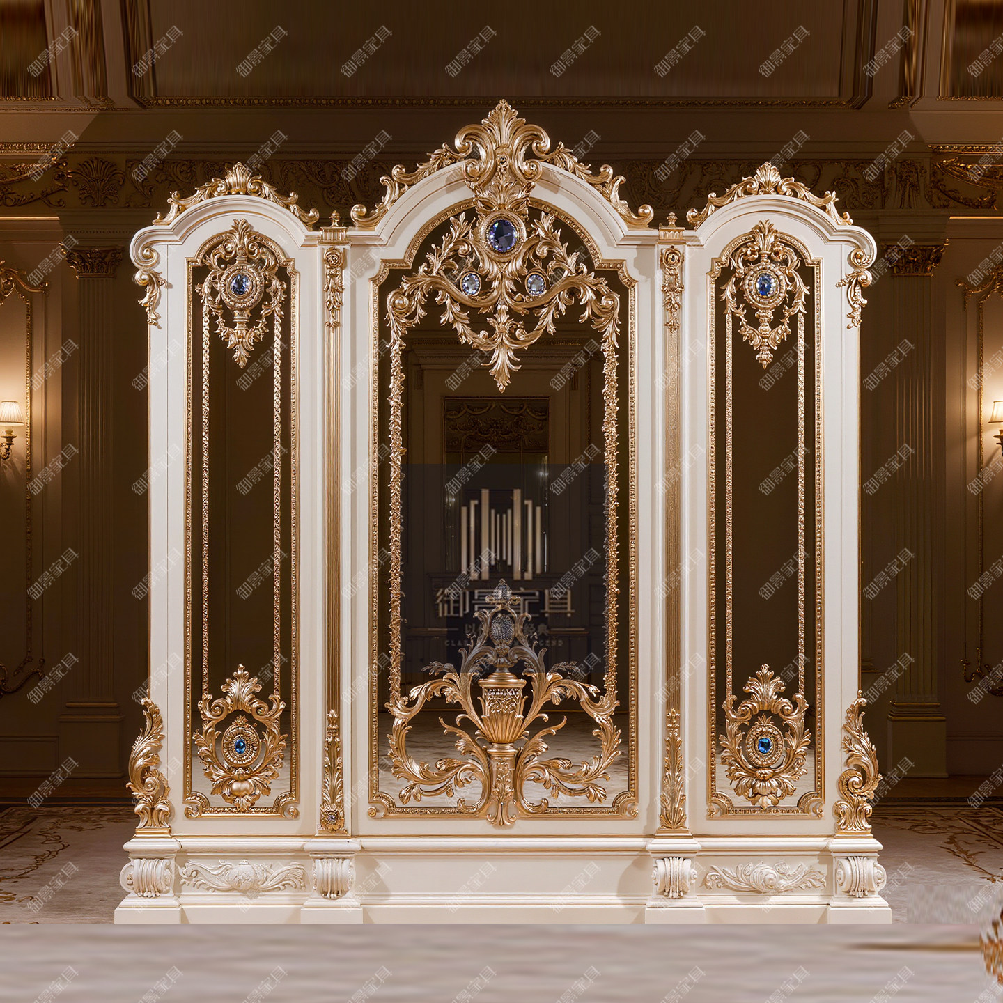 法式巴洛克实木屏风欧式雕花客厅装饰背景墙不锈钢镜面装饰摆件