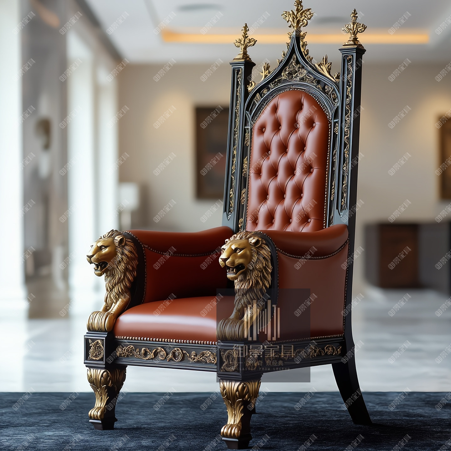 哥特风真皮书椅办公椅子欧式复古雕花单人沙发椅客厅休闲椅老虎椅