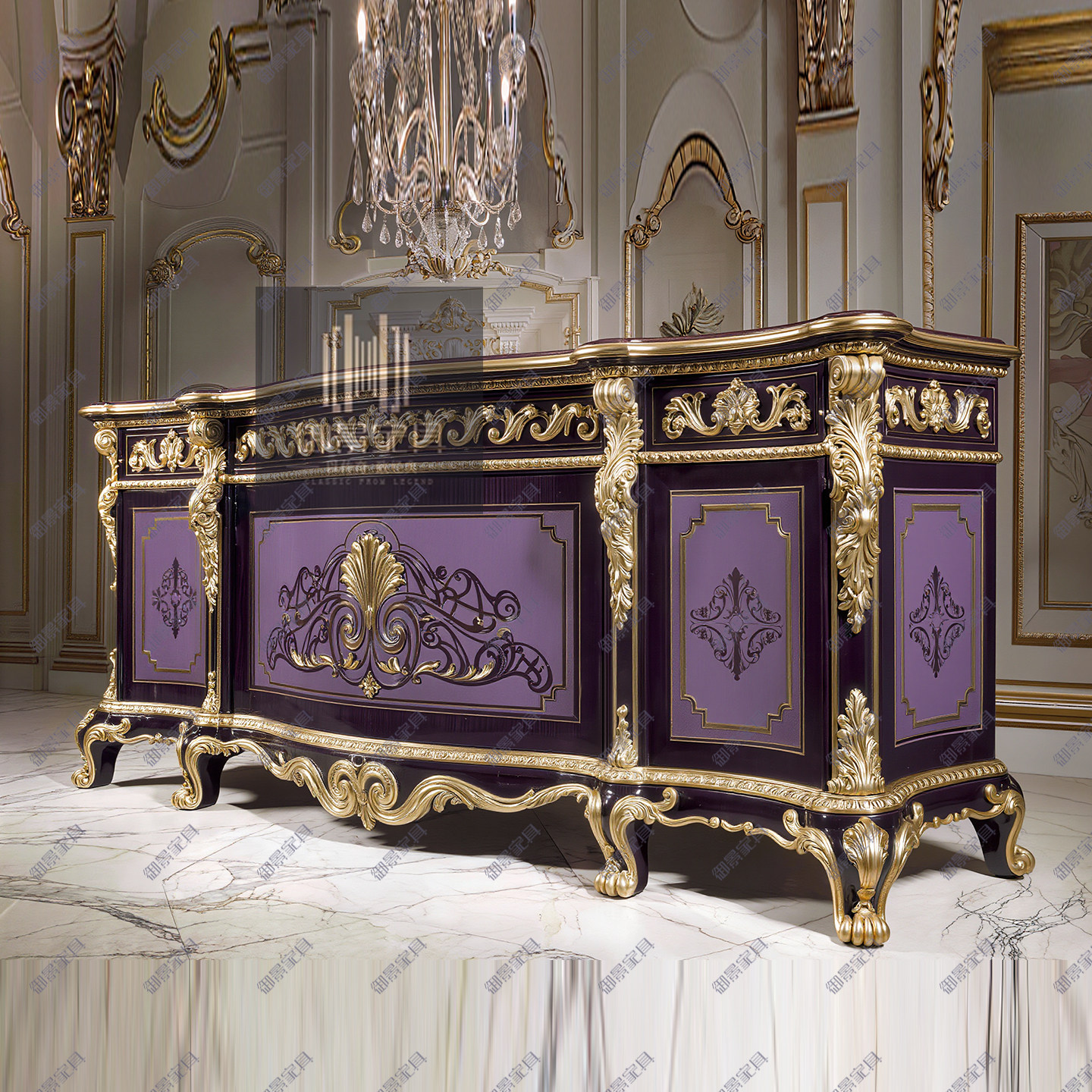 法式宫廷实木彩绘玄关柜茶水柜子餐边柜欧式雕花金箔烤漆紫色家具