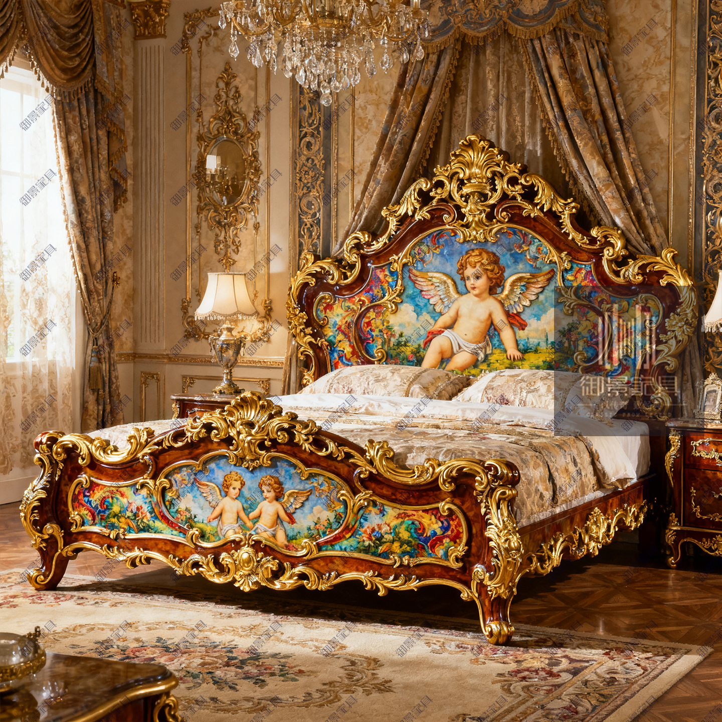 法式巴洛克彩绘双人床欧式雕花实木床别墅豪宅主卧天使图案手绘床