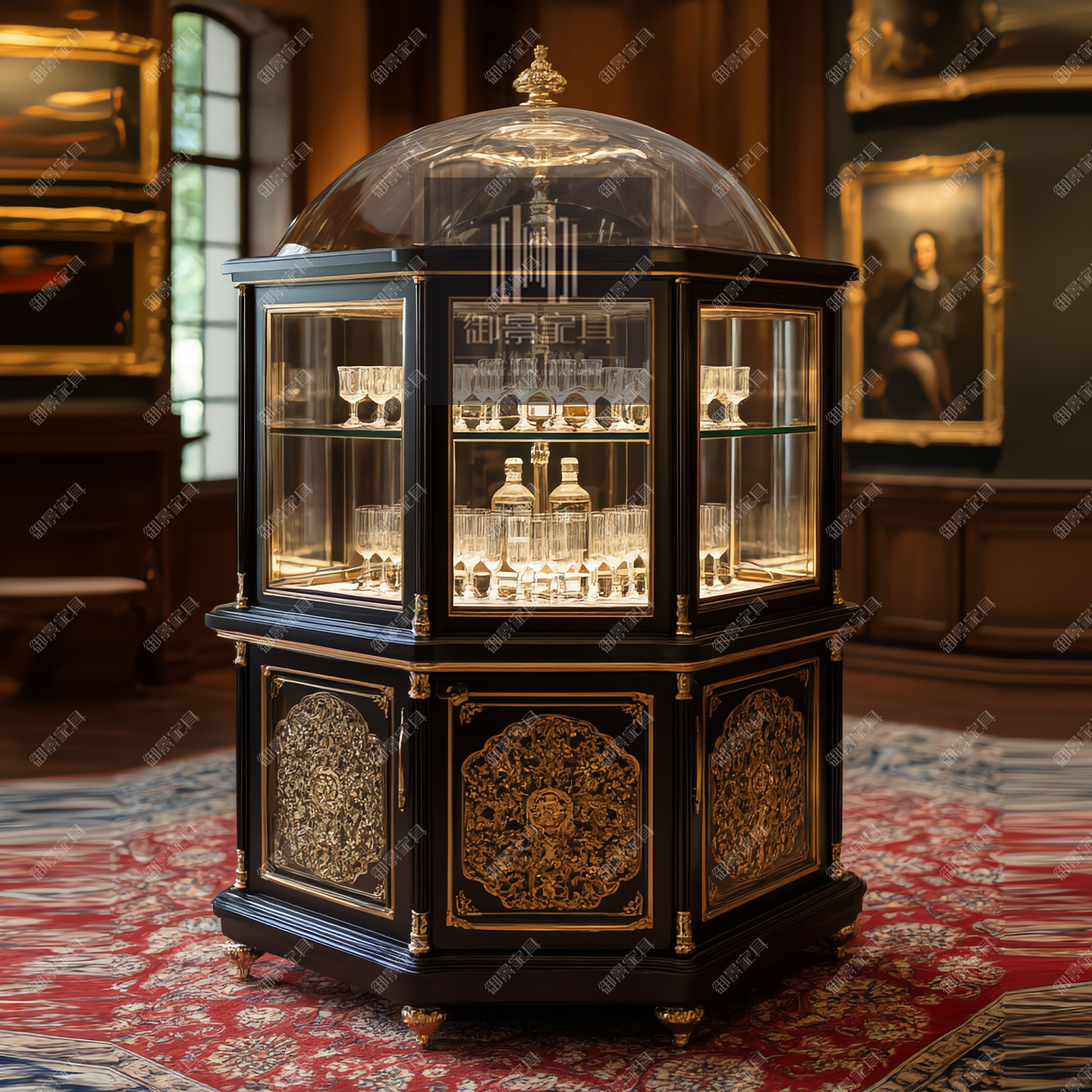 多边形实木酒柜欧式雕花菱形装饰柜展示柜法式高档珠宝首饰陈列柜