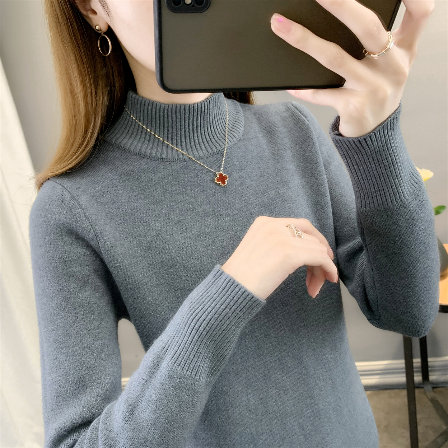 韩版半高领毛衣女秋冬修身针织衫保暖打底衫灰色内搭显瘦上衣外穿