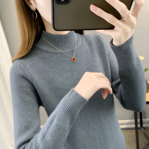 韩版半高领毛衣女秋冬修身针织衫保暖打底衫灰色内搭显瘦上衣外穿